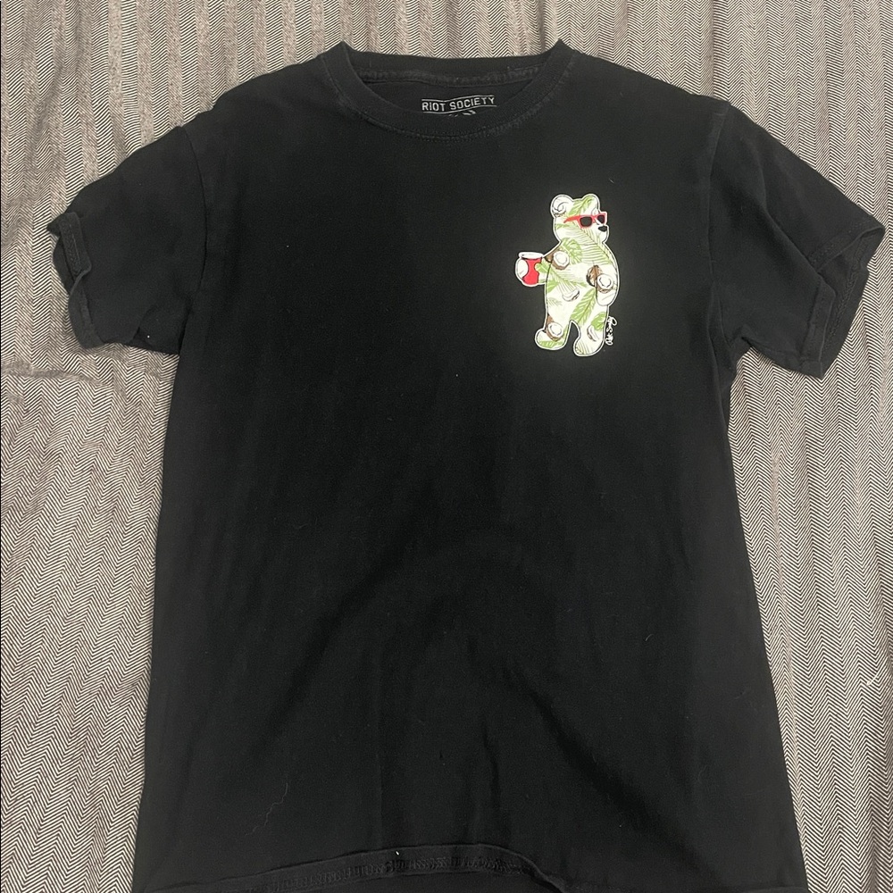 Riot Society Black Tee with Green Bear Design